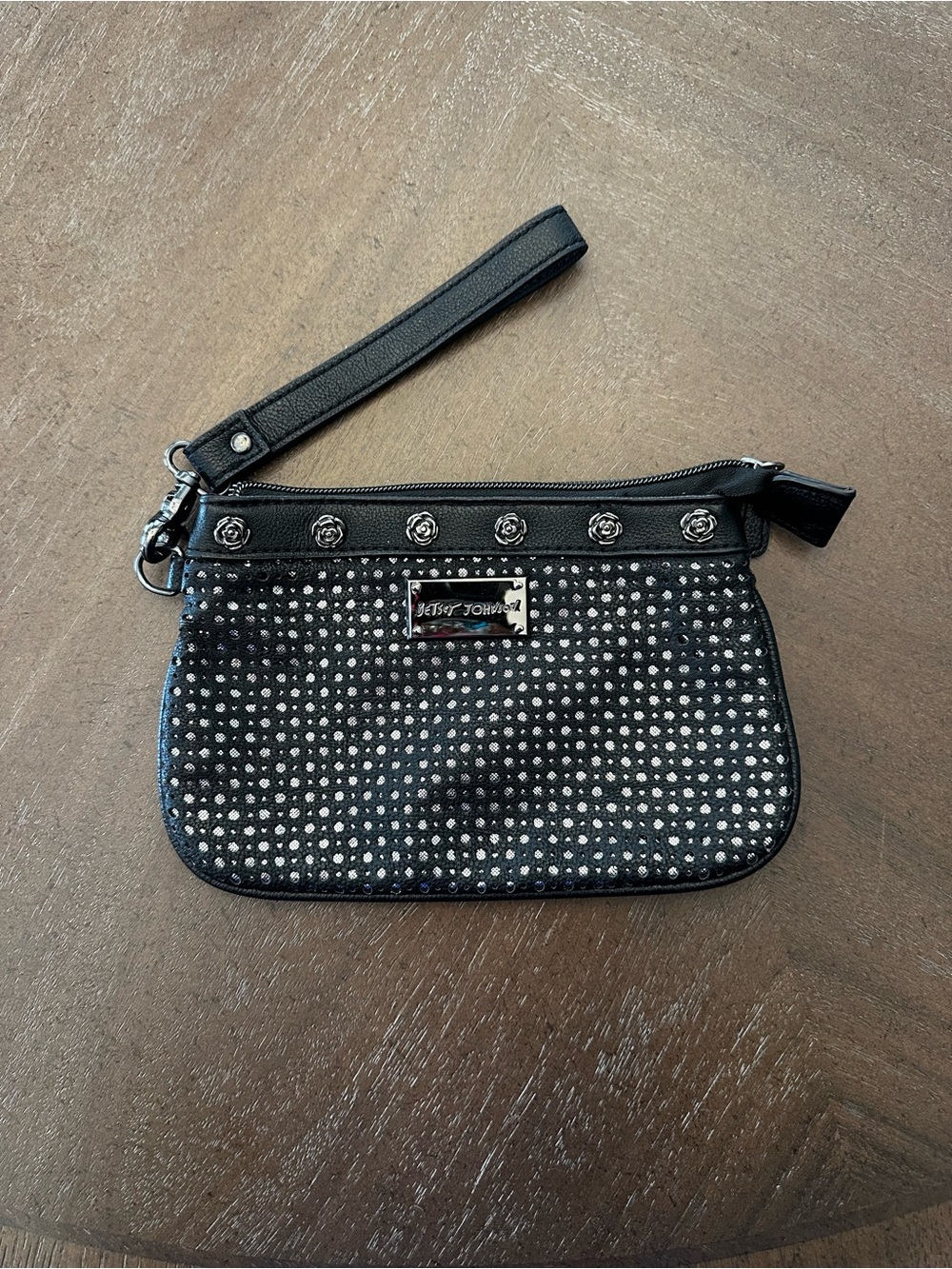 Betsey Johnson Black Rhinestone-Embellished Wristlet